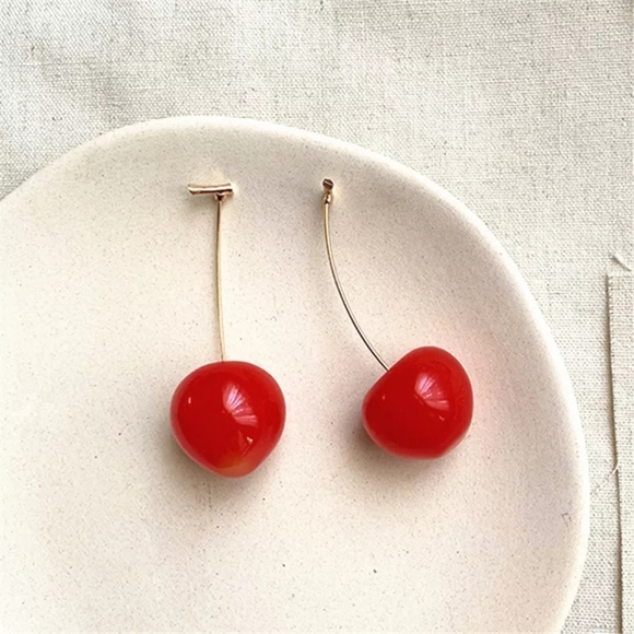 Acrylic Bright Red Cherry Dangle Earrings - Picture 2 of 4